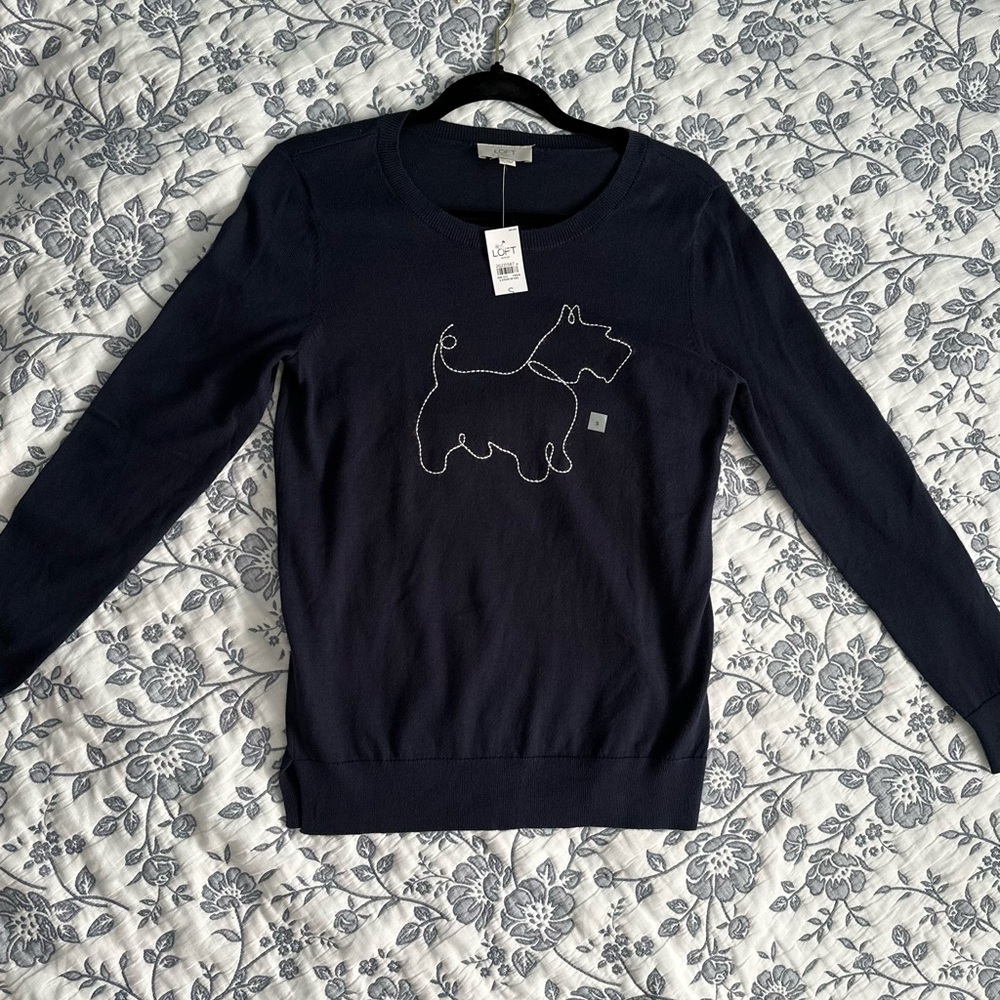 Sweater by Loft. Embroidered dog. Lightweight. Thin knit.Size Small new with tag